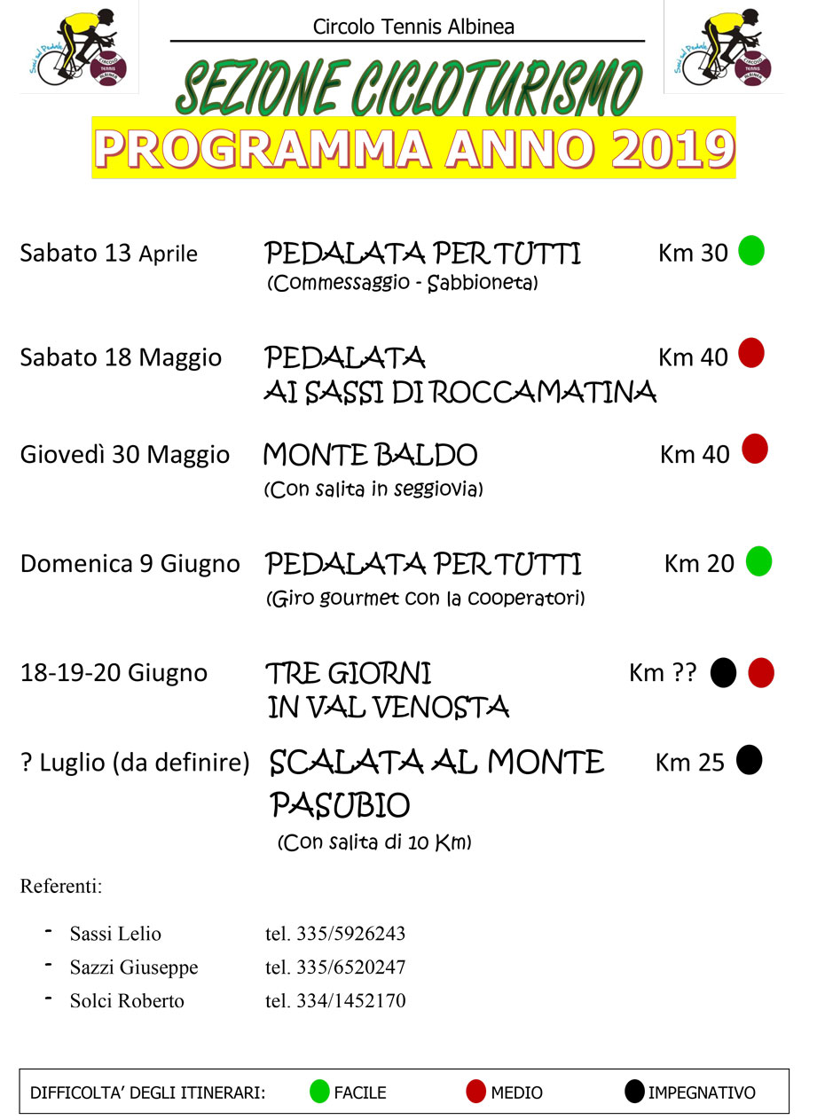 Programma cicloturisti 2019 al Circolo tennis Albinea