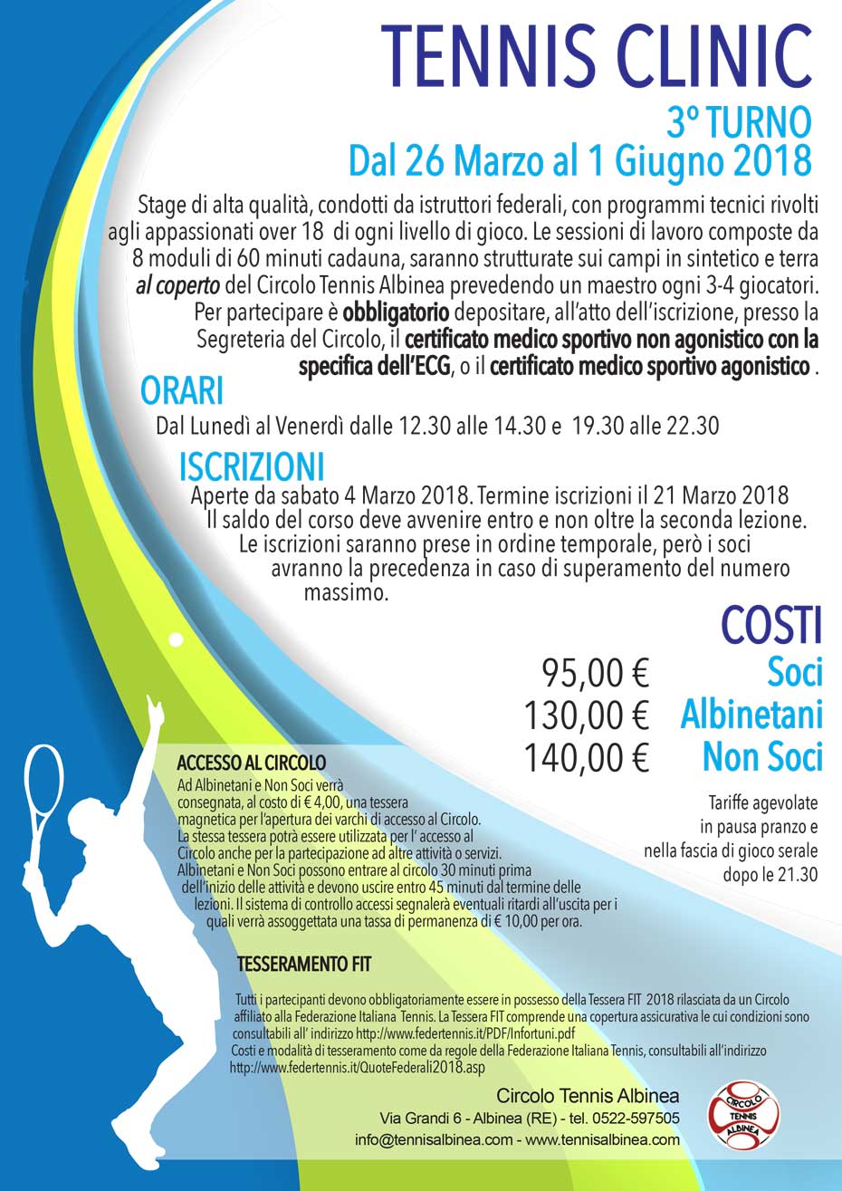 volantino tennis clinic marzo giugno al Circolo Tennis Albinea