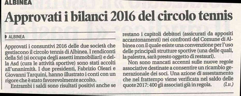 CS CTA 170526 approvati i bilanci 2016 del circolo tennis albinea