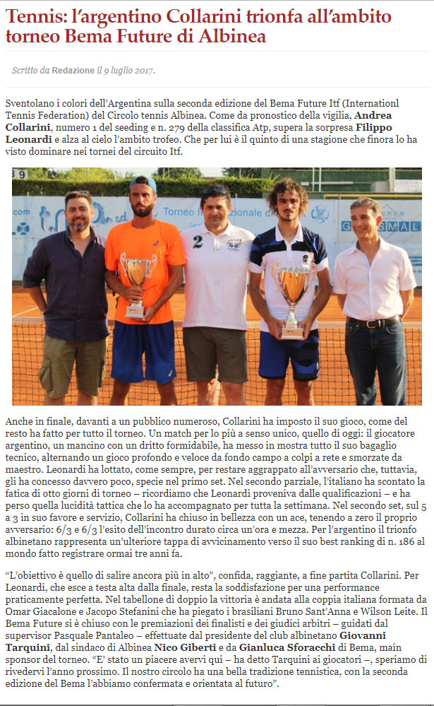 CS CTA 170710 tennis argentino collarini trionfa al torneo bema future di albinea