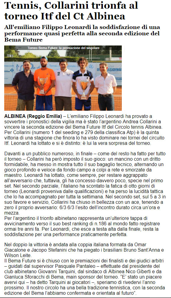 CS CTA 170710 tennis collarini trionfa al torneo itf del ct albinea