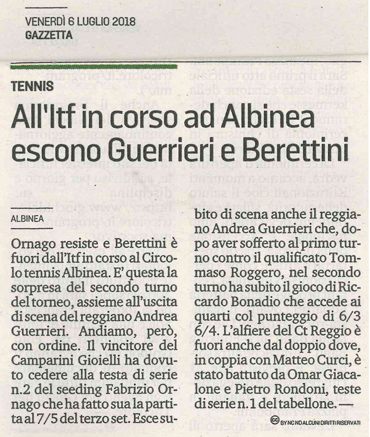 CS CTA 180706 al itf in corso ad albinea escono guerrieri e berettini