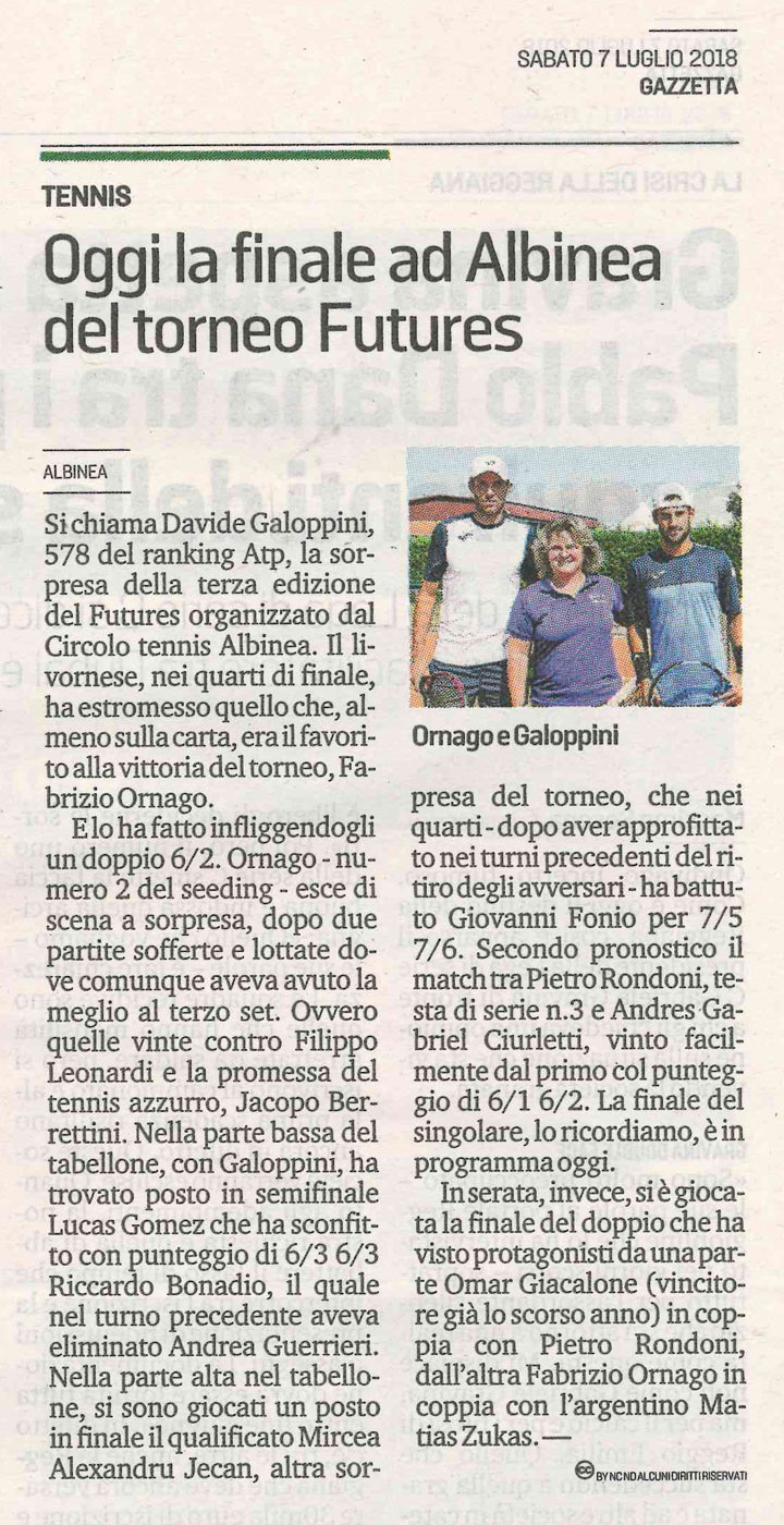 CS CTA 180707 oggi la finale ad albinea del torneo futures