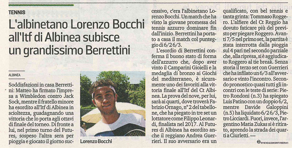 L’Albinetano Lorenzo Bocchi all’ITF di Albinea subisce un grandissimo Berrettini