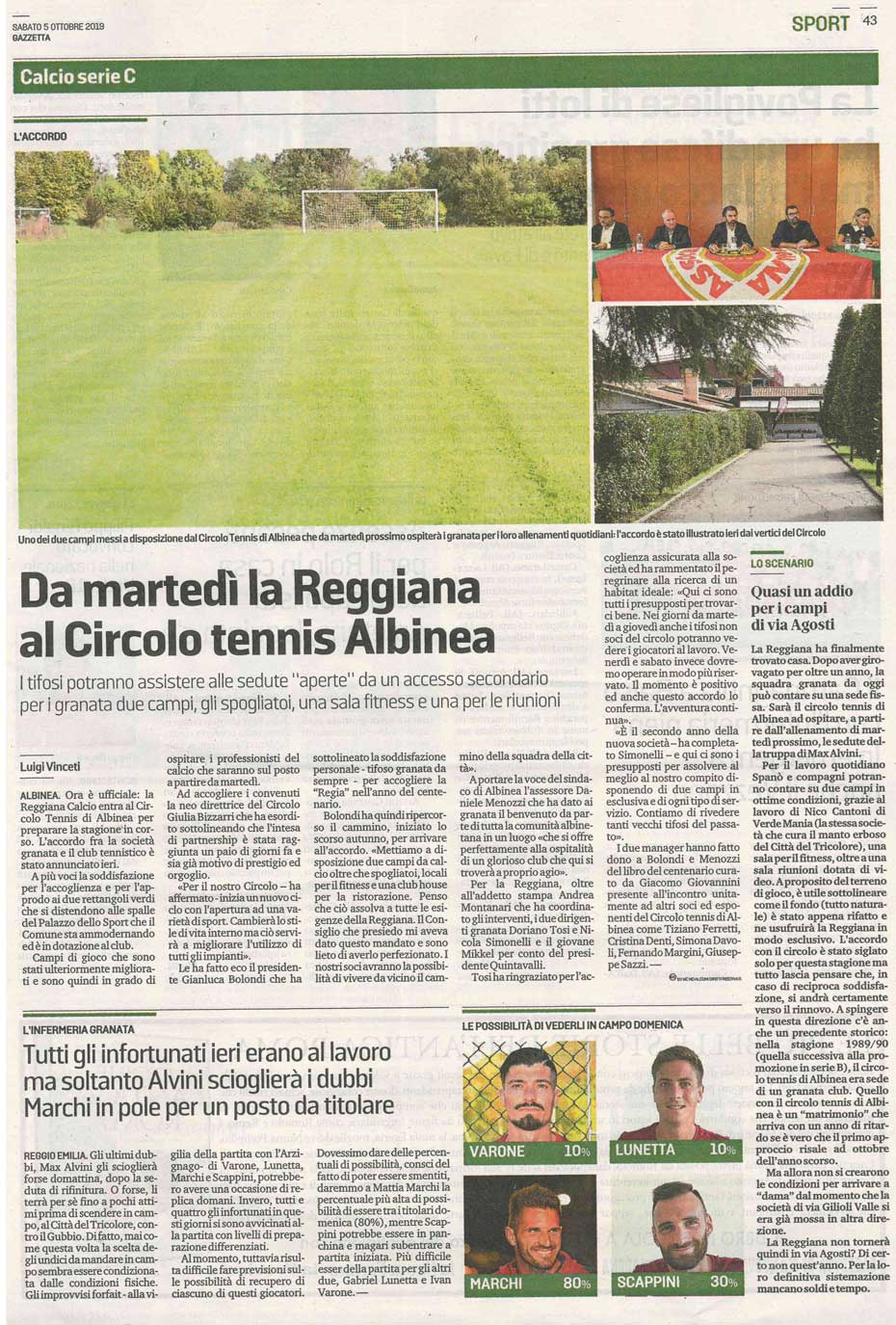 CS CTA 20191005 da martedi la reggiana al circolo tennis albinea