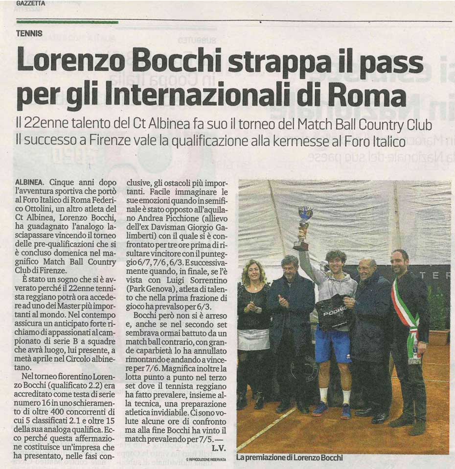 CS CTA 20200303 lorenzo bocchi strappa il pass per gli internazionali di roma